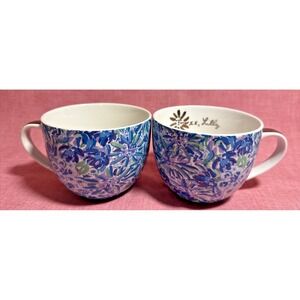 Lilly Pulitzer Coffee Mugs Set of 2 Blue Floral 12 oz Gold Trim